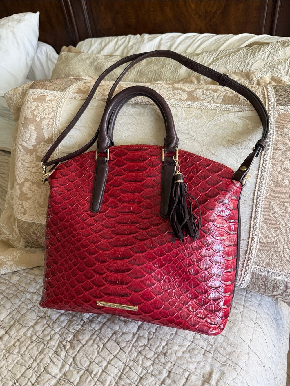 Brahmin bag large red and brown like new 16” by 11”
